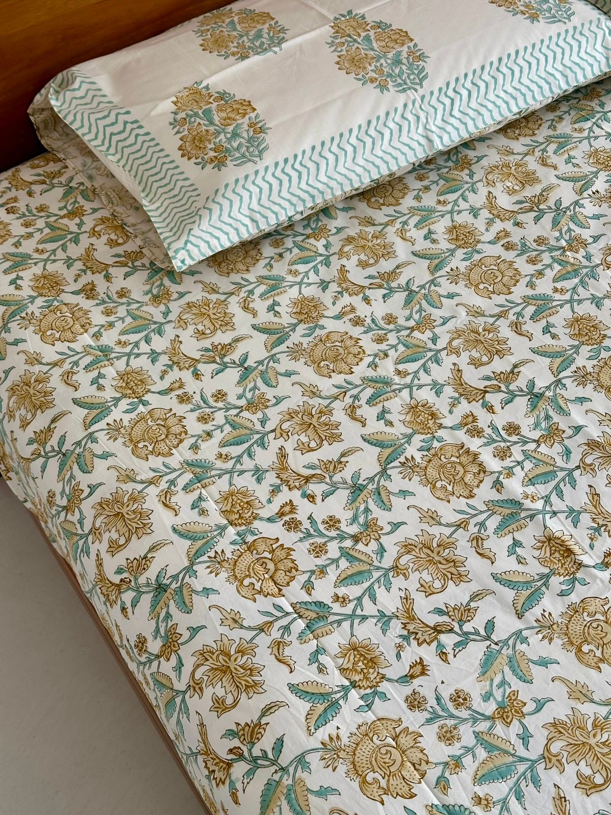 Charming Botanical Blockprint Cotton Bedsheet - Light Brown Base Color