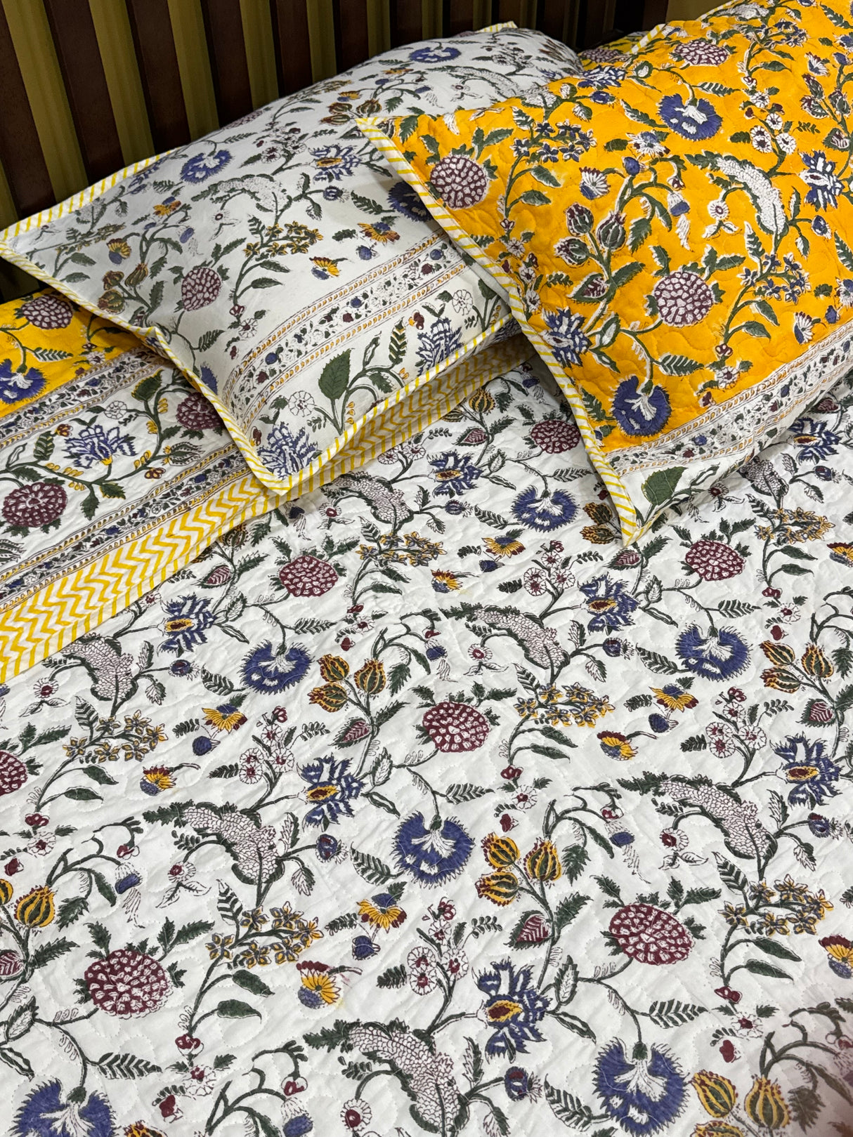 KING Size Quilted Blockprint REVERSIBLE Mulmul Bedcover (108*108 inches)