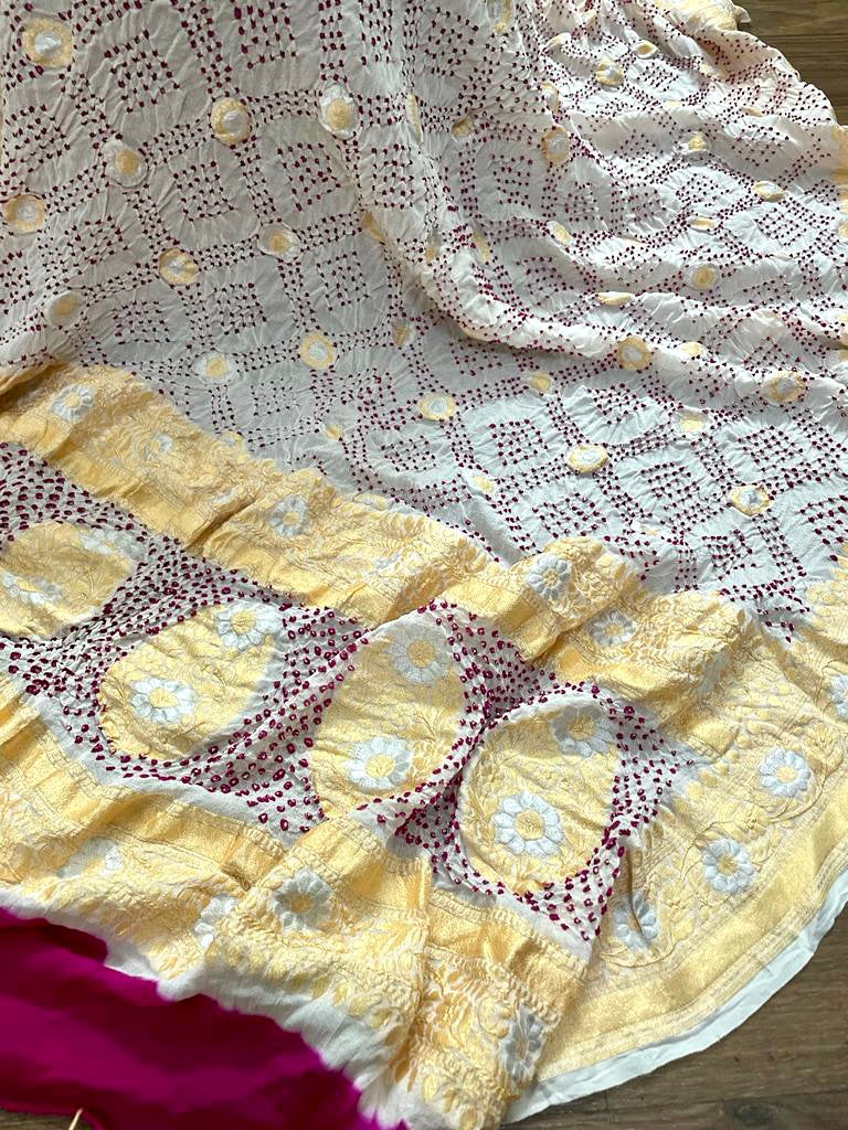 Ivory Pure Banarsi Georgette Rai Bandhani Dupatta