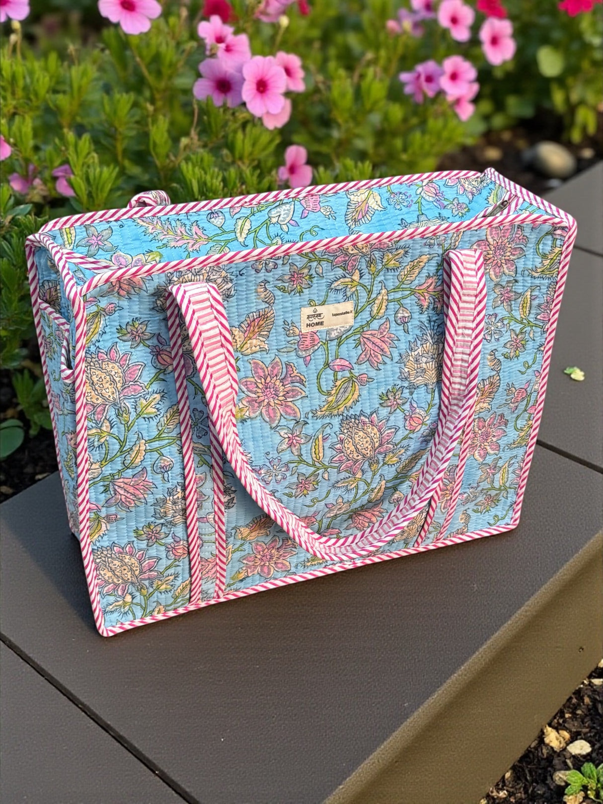 Vibrant Sky Blue & Pink Floral Block Print Handcrafted Tote Bag (with Zip Closure)
