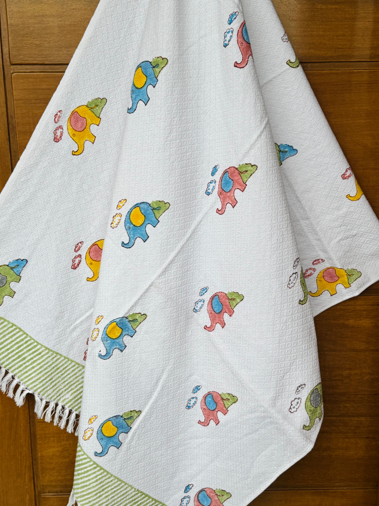Vibrant Elephants Blockprint Kids Towel – Cotton Jacquard Weave