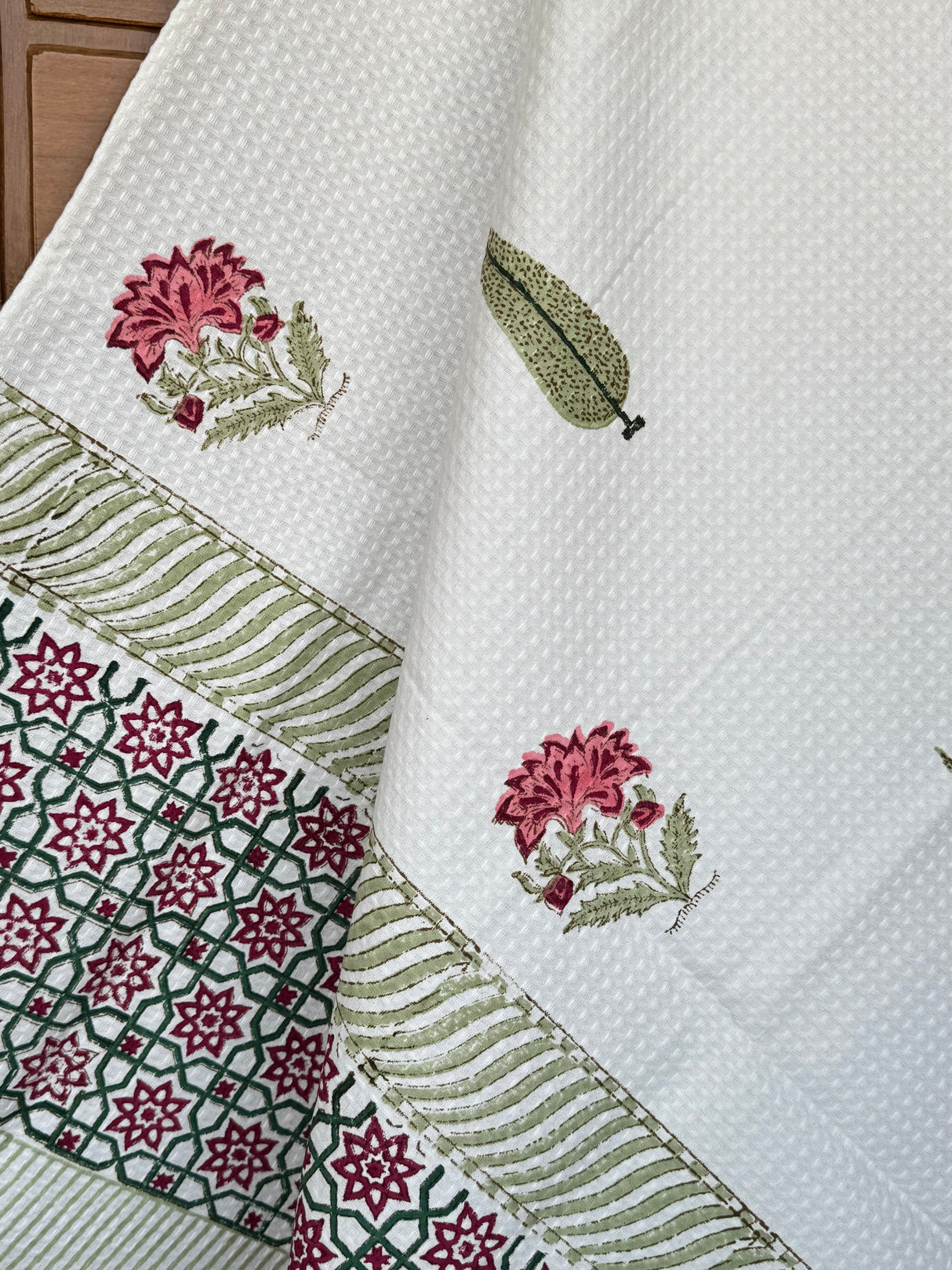 Red Floral Blockprint Cotton Towel- Waffle Weave