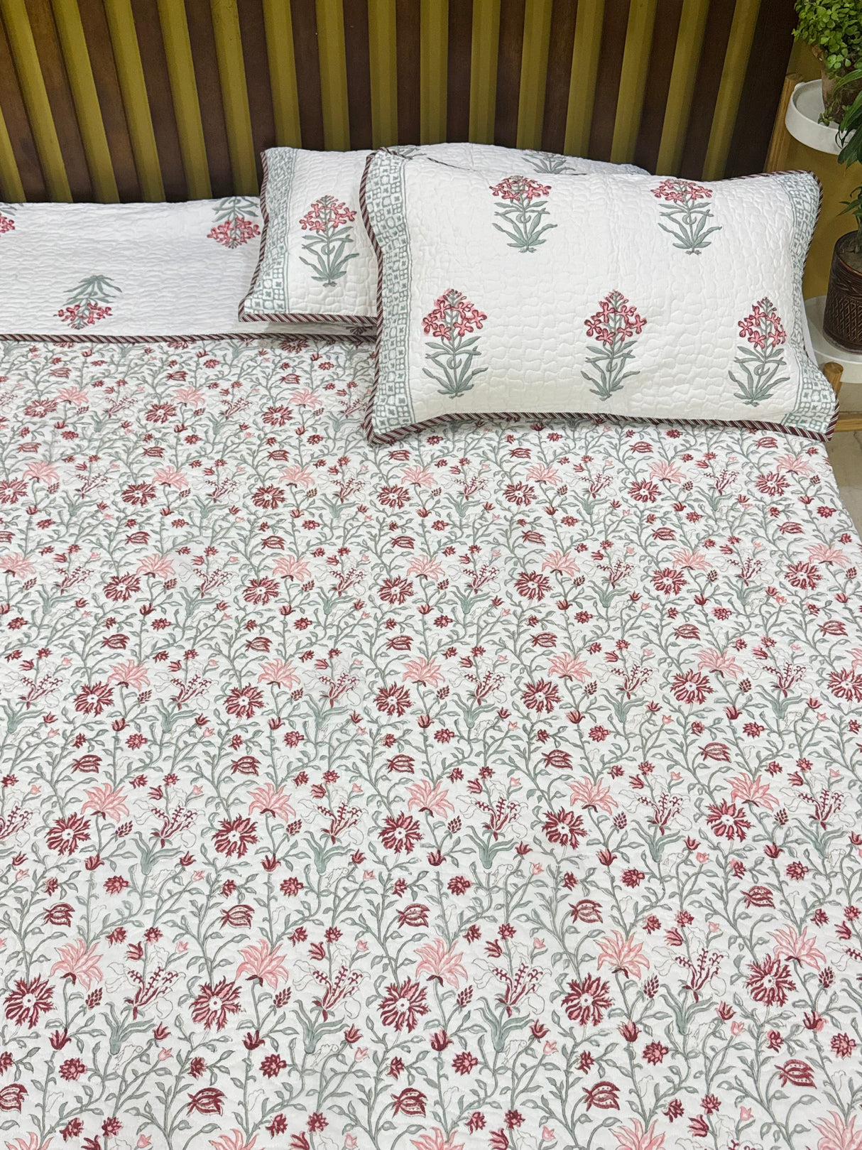 KING Size Quilted Blockprint REVERSIBLE Mulmul Bedcover (108*108 inches)