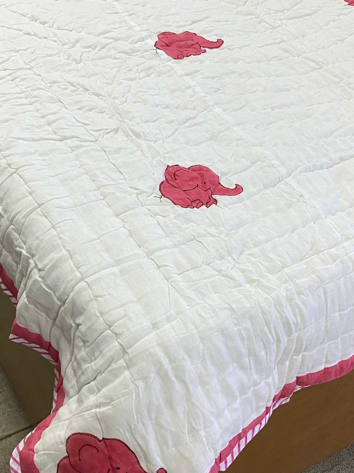 Pink Elephant HandBlock Printed Mulmul Reversible Quilt