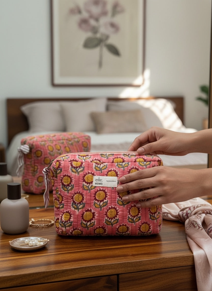 Petal Bud Hand-Block Cotton Quilted Utility Pouch