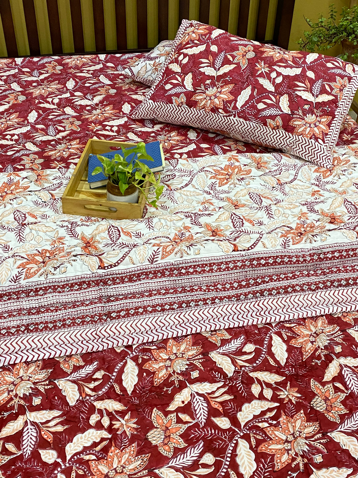 Rich Maroon Blockprint Bedsheet & Quilt Set