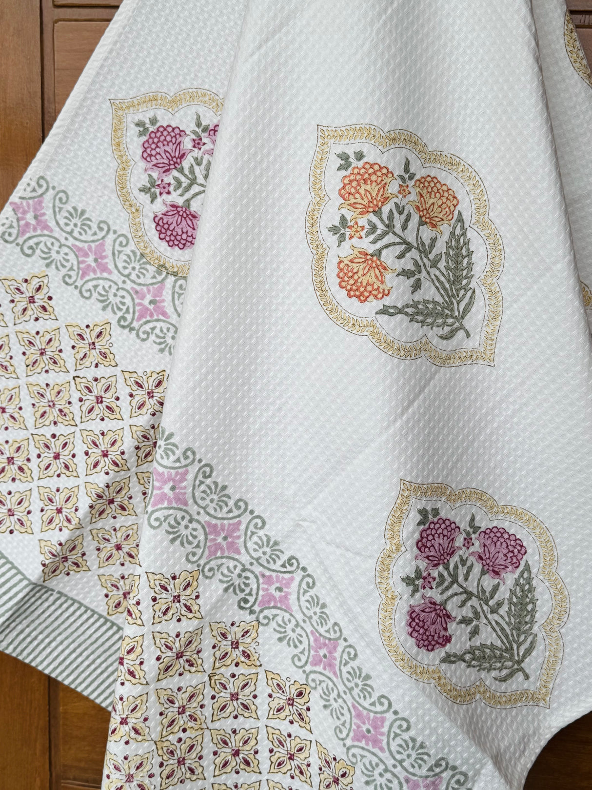 Classy Floral Blockprint Cotton Towel – Waffle Weave
