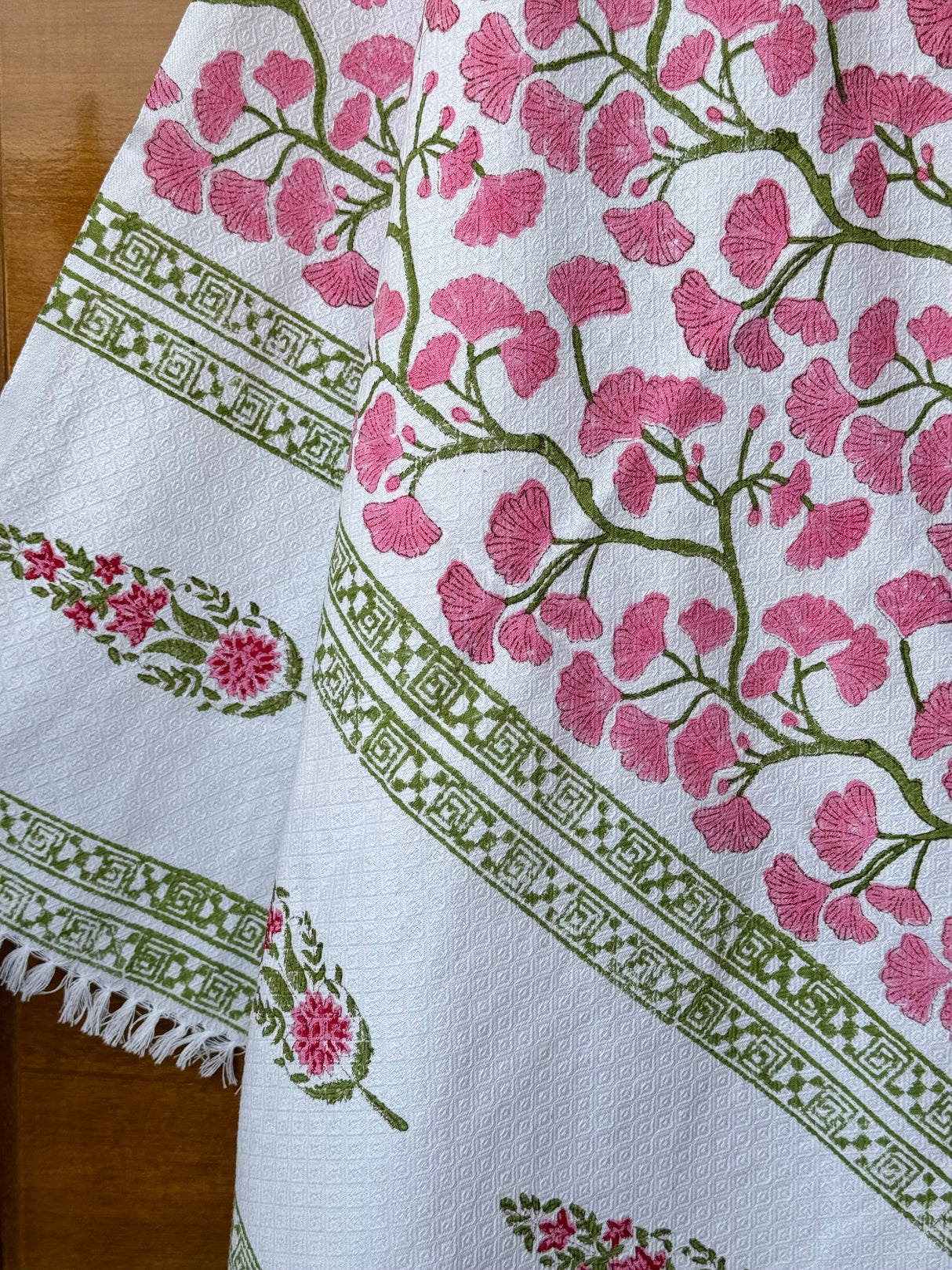 Pink Floral Blockprint Soft Cotton Towel– Cotton Jacquard Weave