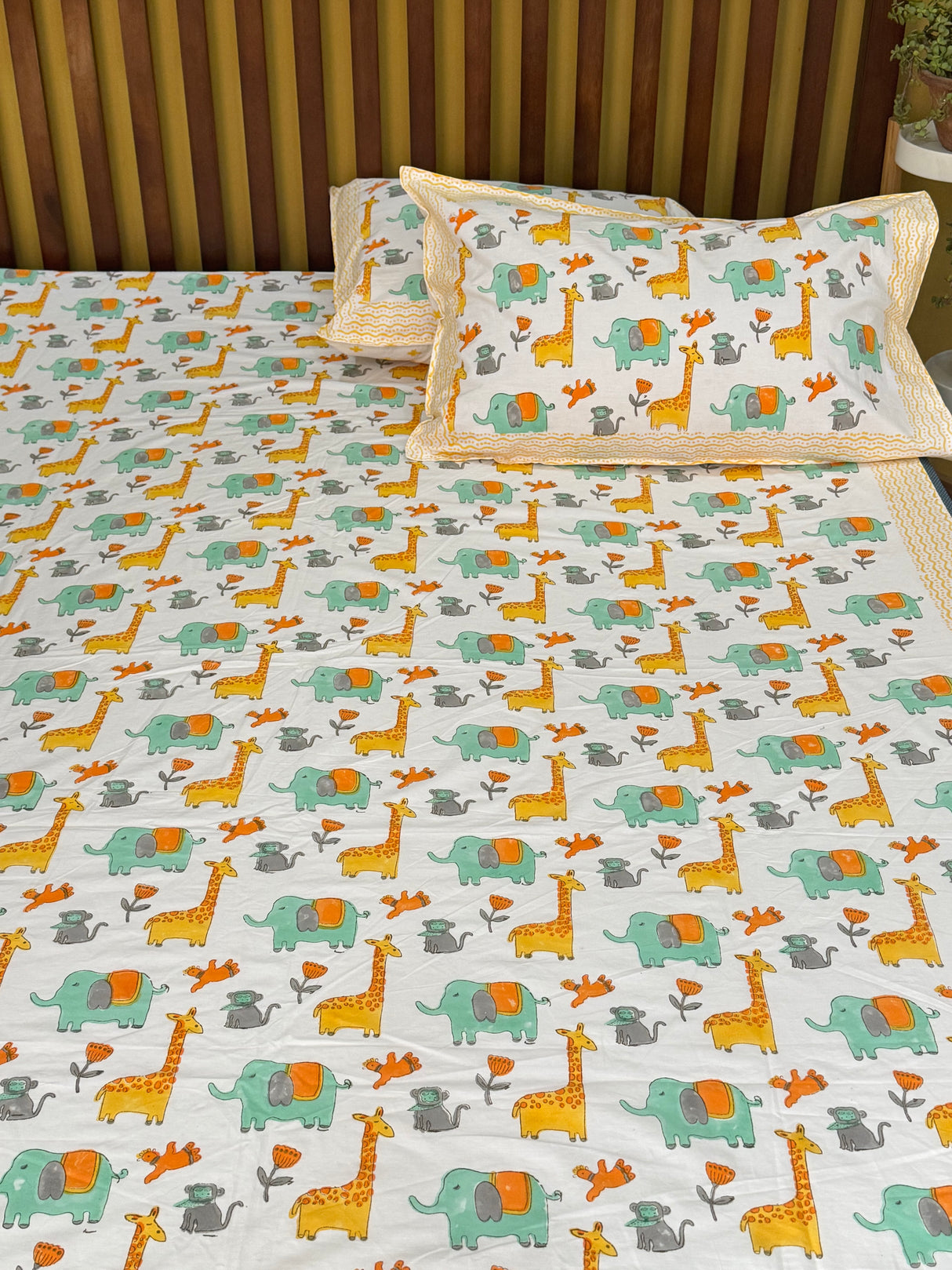 Elephant Giraffe Handblock Printed Kids Cotton Bedsheet