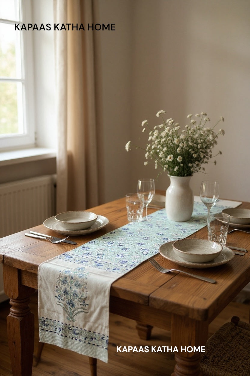 Blue Floral Blockprint Cotton Table Runner