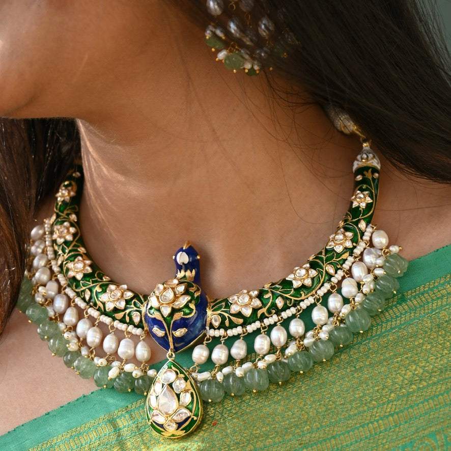 Mayura Vaibhav - Handcrafted 92.5 Silver Peacock Theme Meenakari Hasli with Earrings