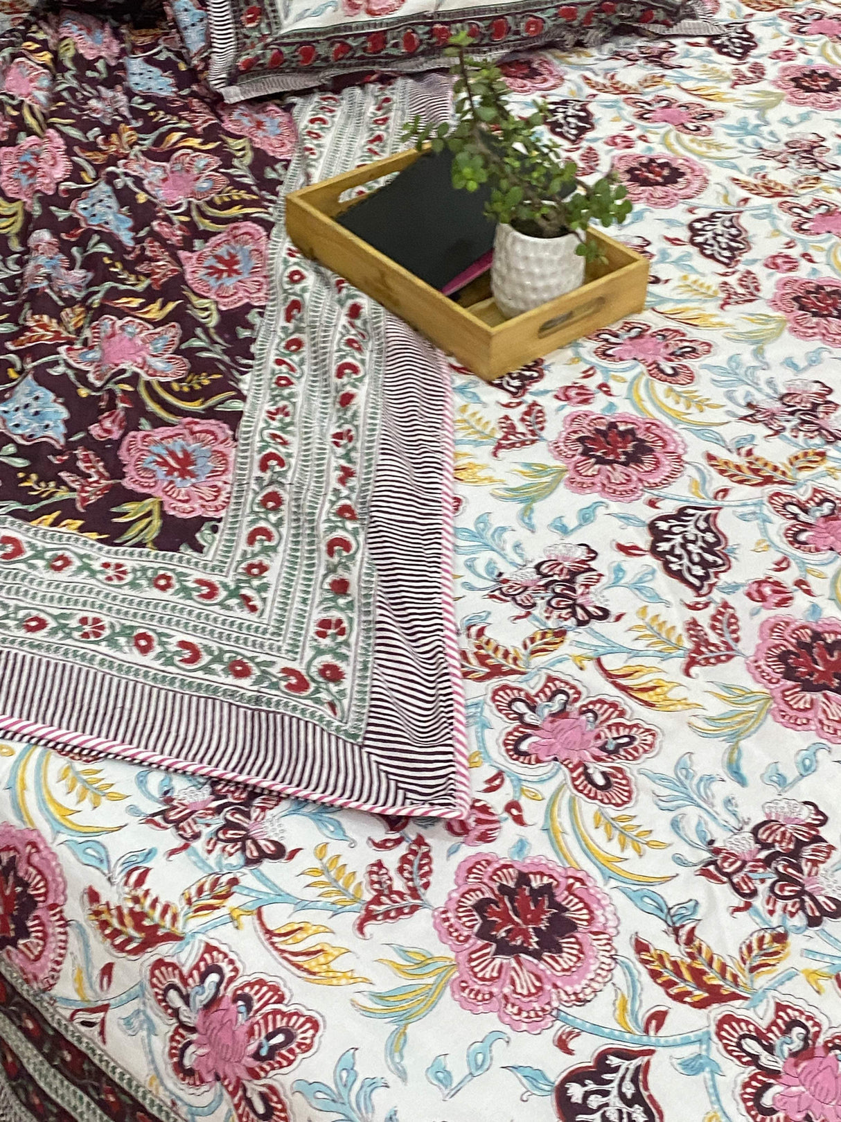 Pink & Maroon Floral Blockprint Bedsheet Dohar Set