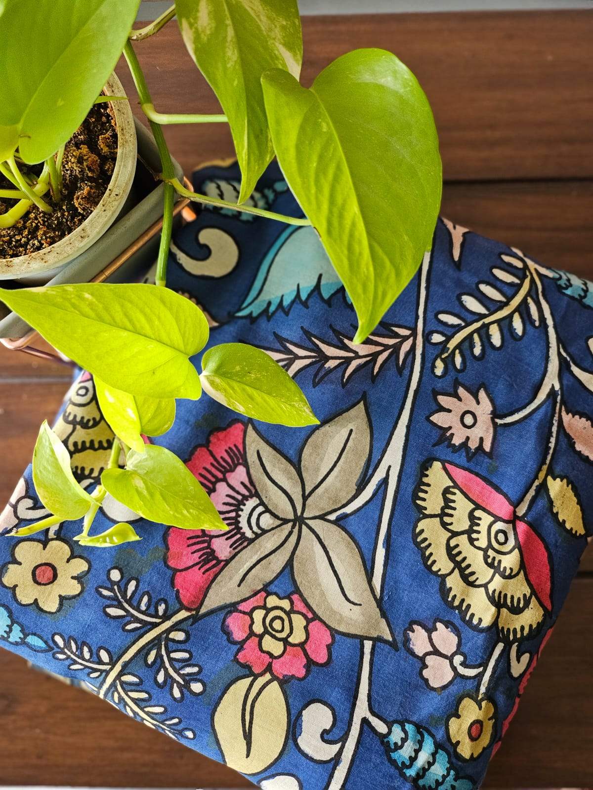 Bangalore Silk Pen Kalamkari Blouse Fabric with Floral Motifs