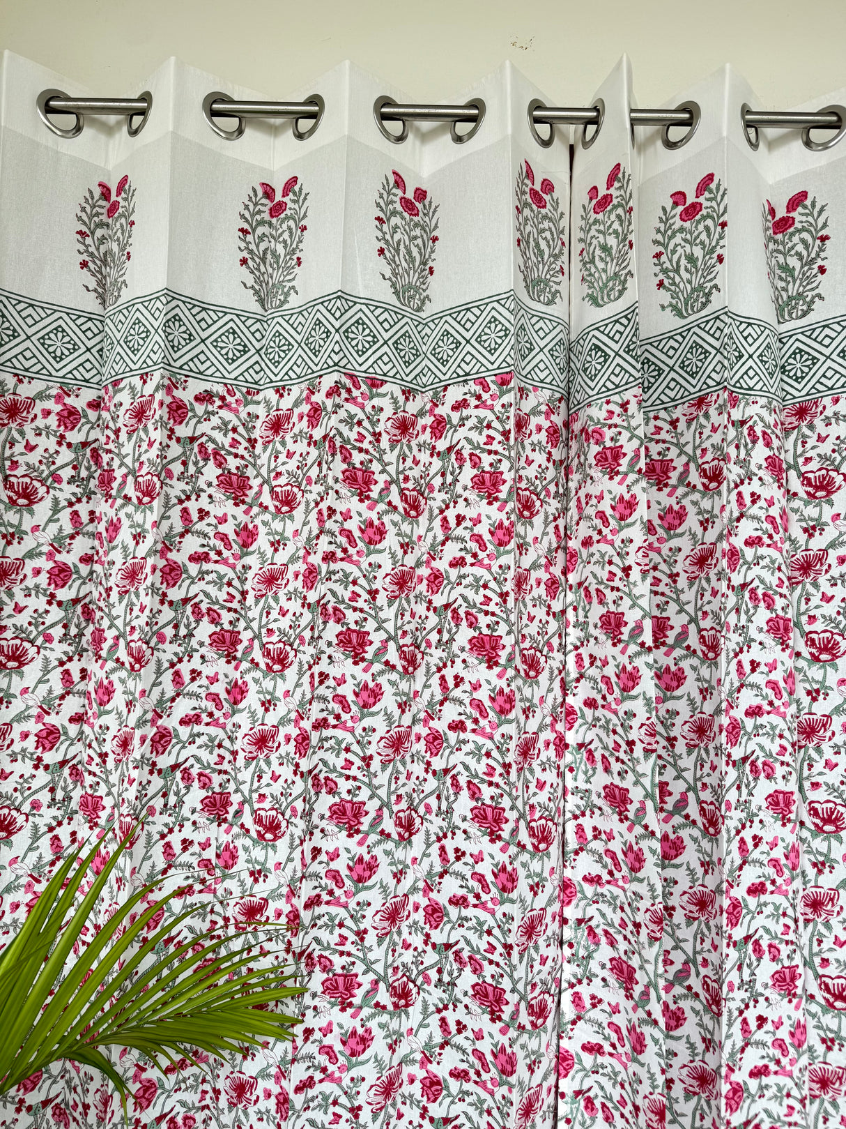 Pair of Pink Blockprint Cotton Curtain (Set of 2)