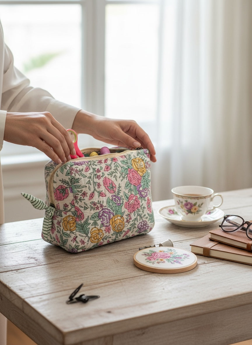 Sunbrite Blossom Hand-Block Cotton Quilted Utility Pouch