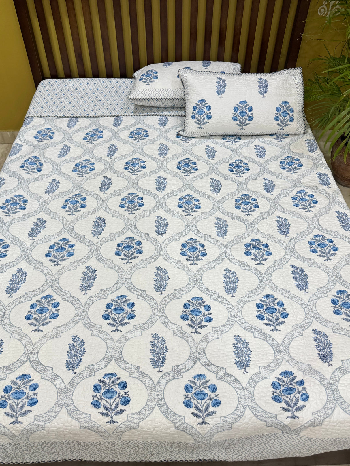 KING Size Quilted Blockprint REVERSIBLE Mulmul Bedcover (108*108 inches)