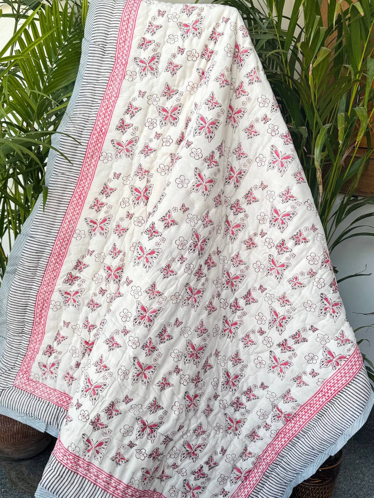 Pink Butterfly Kids Quilt Handblock Printed