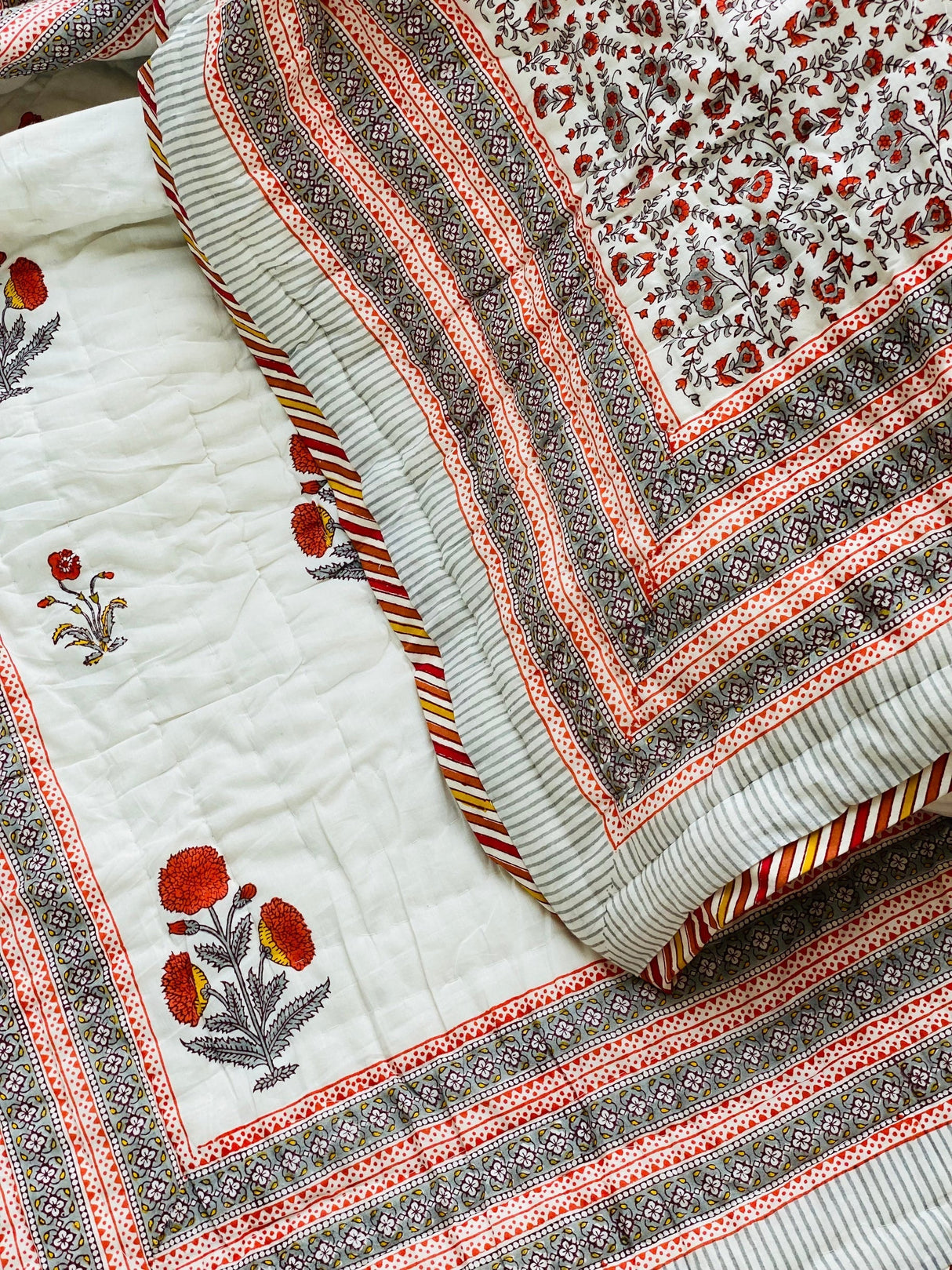 Rust Floral Cotton Bedsheet & Quilt Set