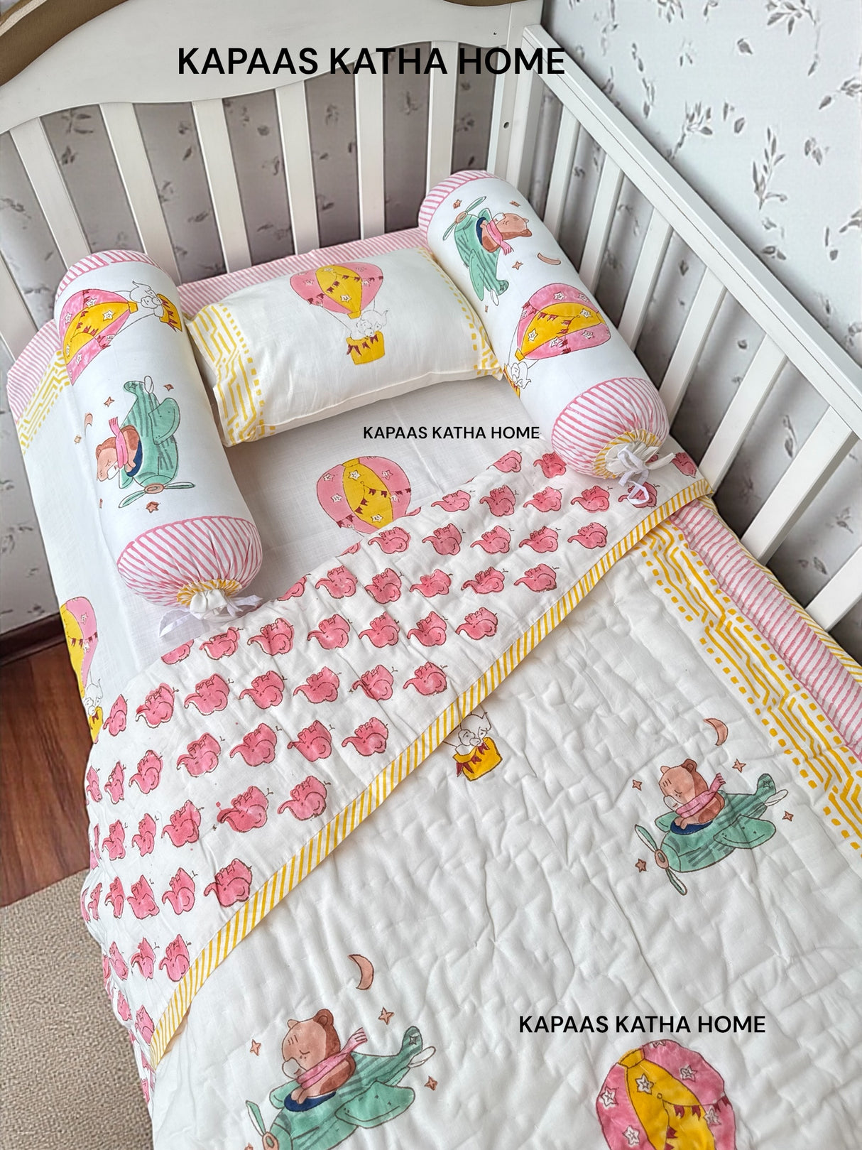 Hot Air Balloon- Baby Cot Bedding (cot sheet, quilt, pillow, bolsters)