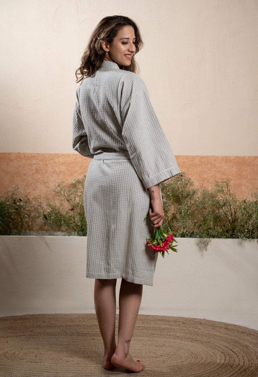 Grey Unisex Cotton Waffle Bath Robe