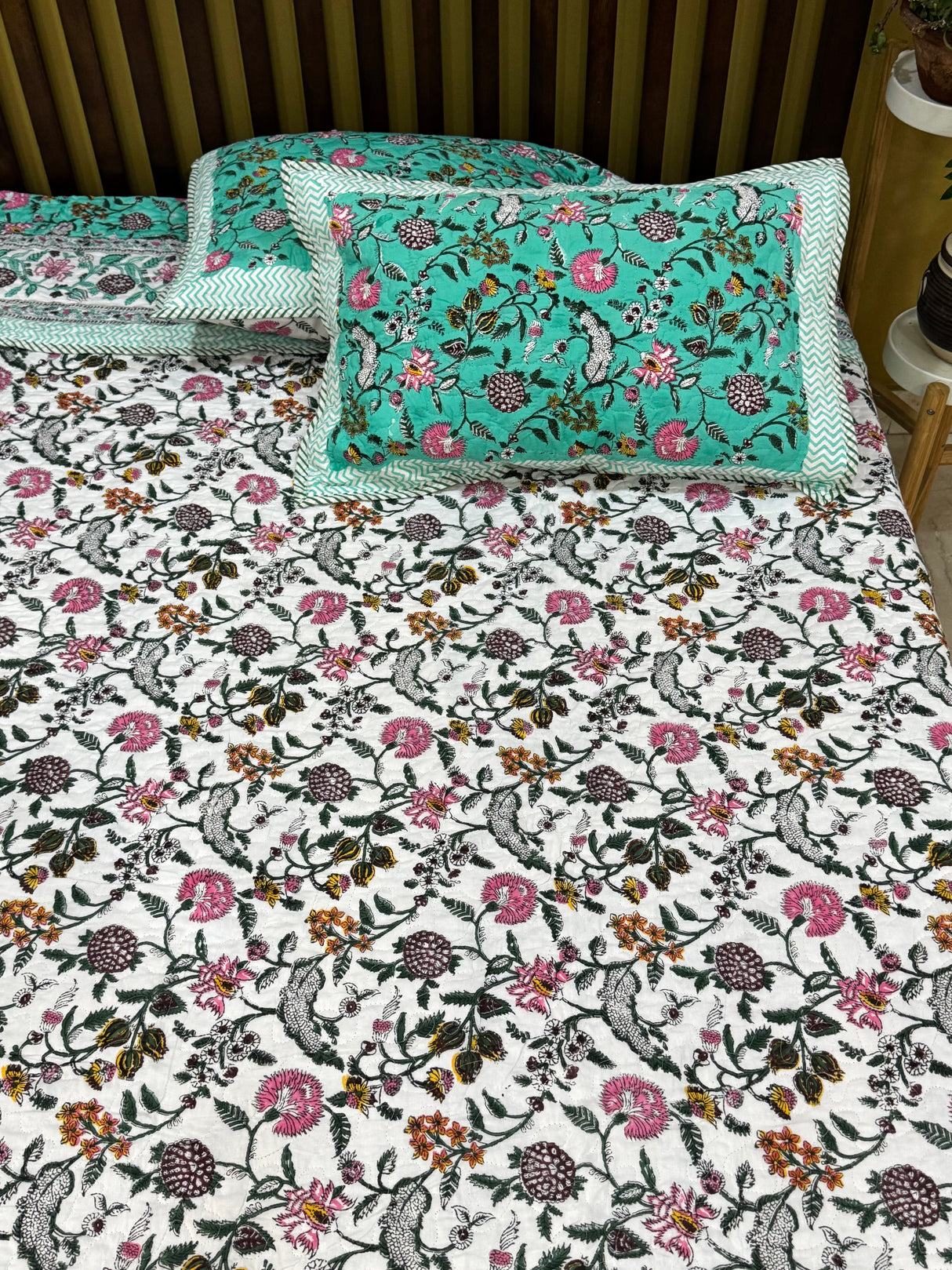KING Size Quilted Blockprint REVERSIBLE Mulmul Bedcover (108*108 inches)