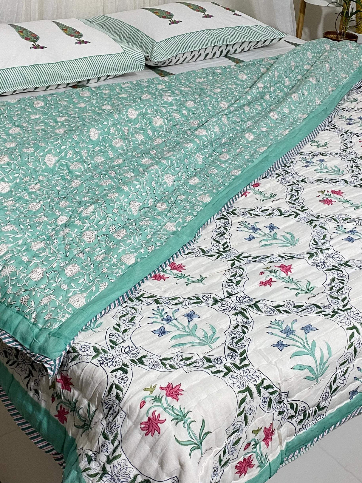 Elegant Green Floral Blockprint Bedsheet & Quilt Set