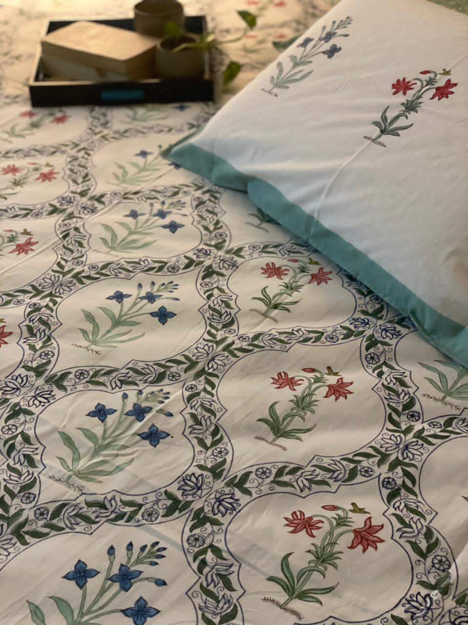 Elegant Green Floral Blockprint Bedsheet & Quilt Set