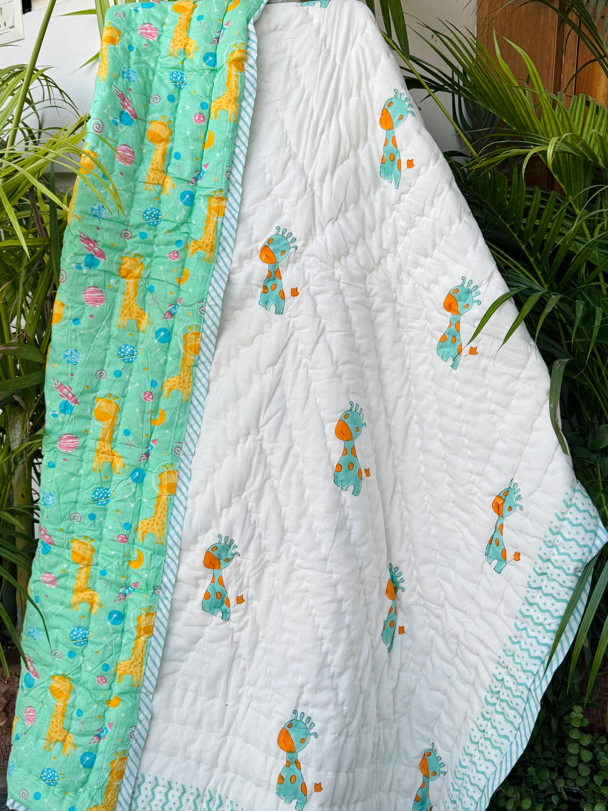 Green Giraffe Elephant Blockprint Kids Quilt