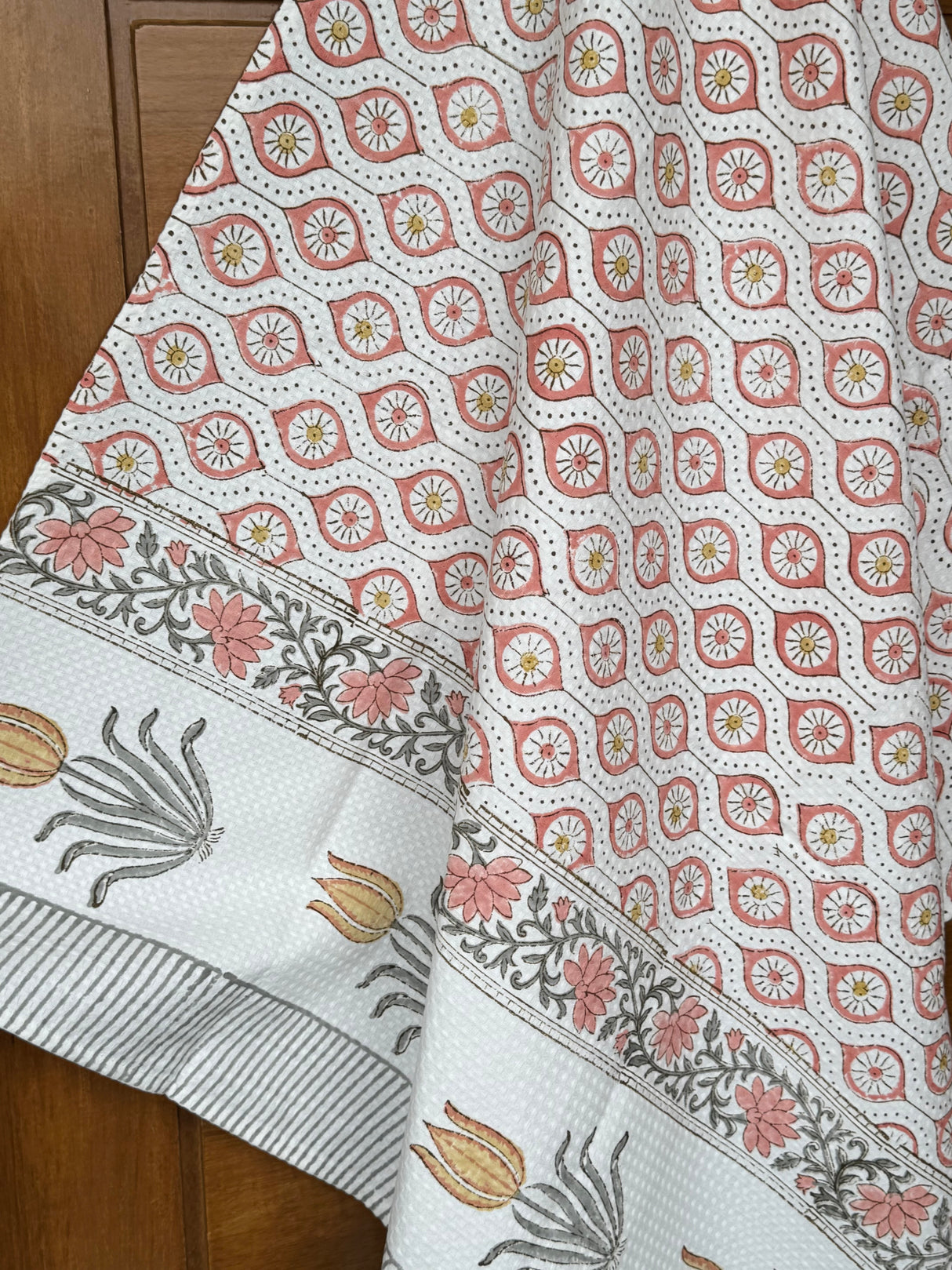 Chic Peach Blockprint Cotton Towel – Waffle Weave
