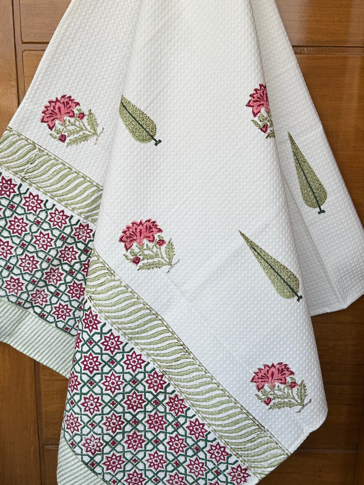 Red Floral Blockprint Cotton Towel- Waffle Weave