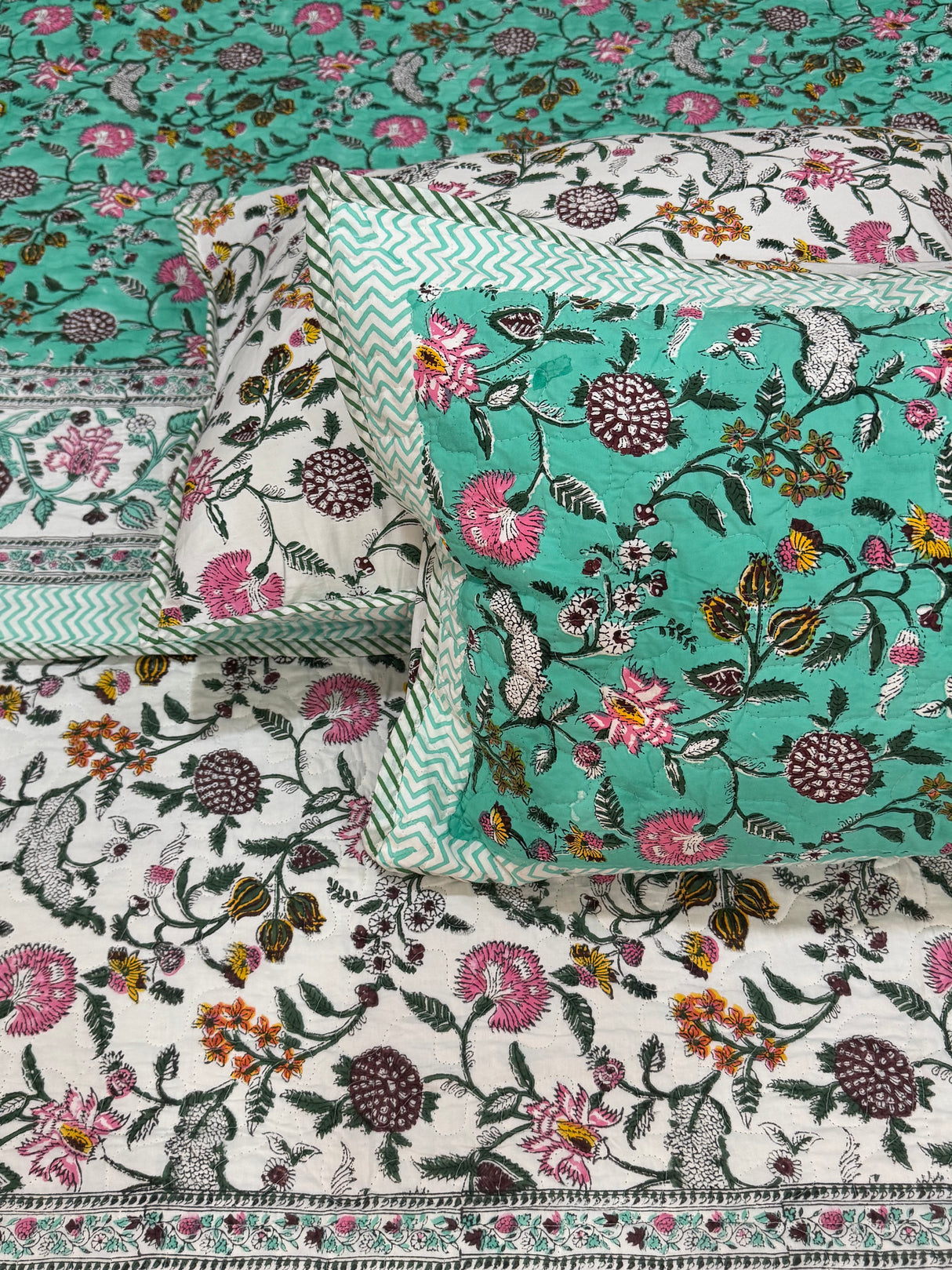 KING Size Quilted Blockprint REVERSIBLE Mulmul Bedcover (108*108 inches)