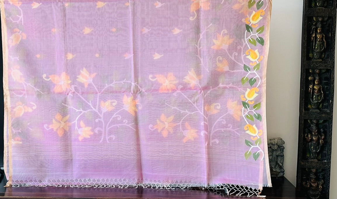 Pink Handloom Muslin Silk Saree with Jamdani weaving