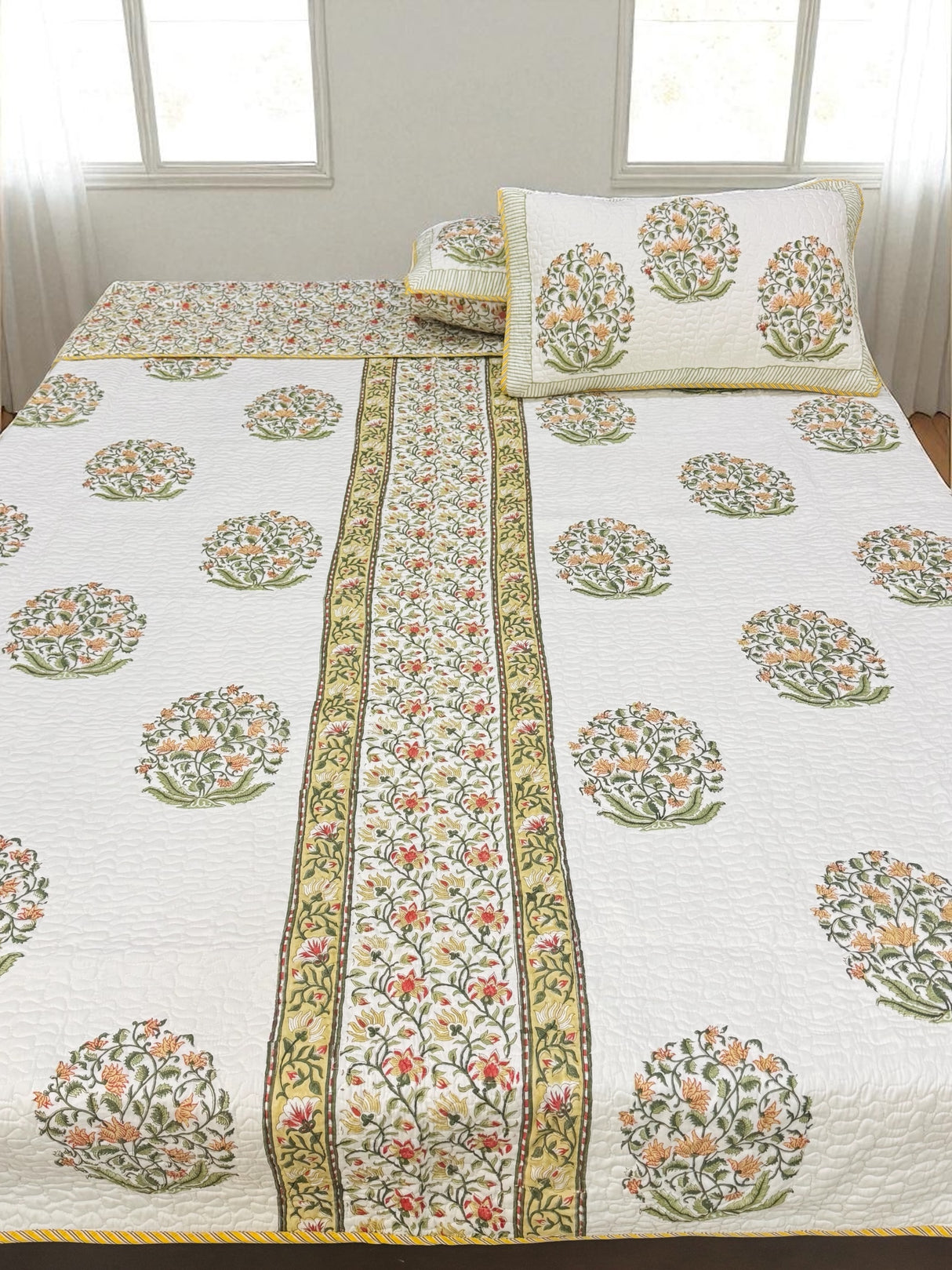 Double Size Quilted Blockprint REVERSIBLE Mulmul Bedcover (90*108 inches)