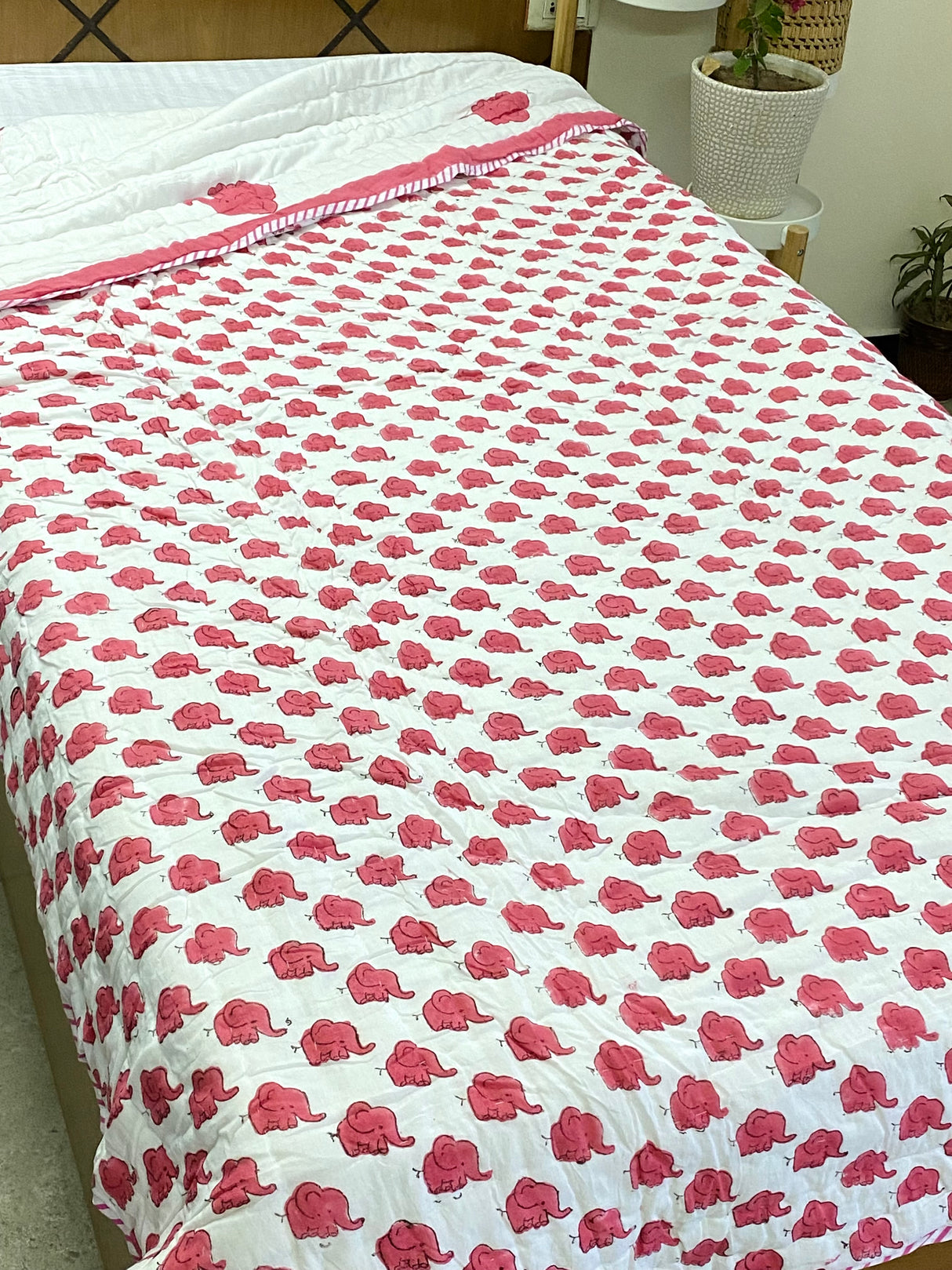 Pink Elephant HandBlock Printed Mulmul Reversible Quilt