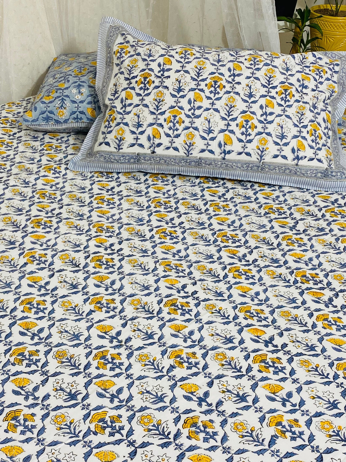 Yellow Bloom Blockprint Bedsheet & Quilt Set