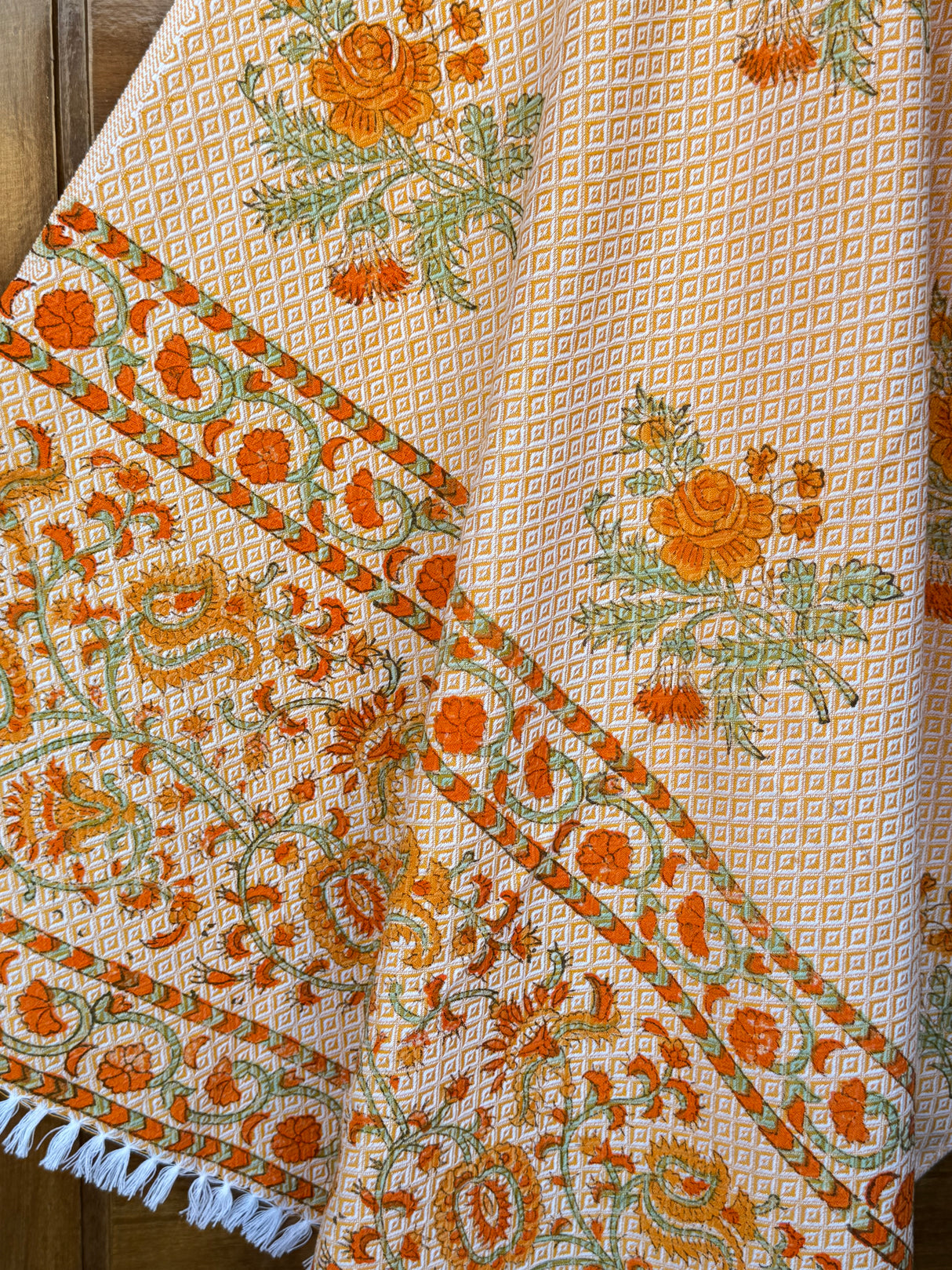 Yellow Floral Blockprint Soft Cotton Towel– Cotton Jacquard Weave