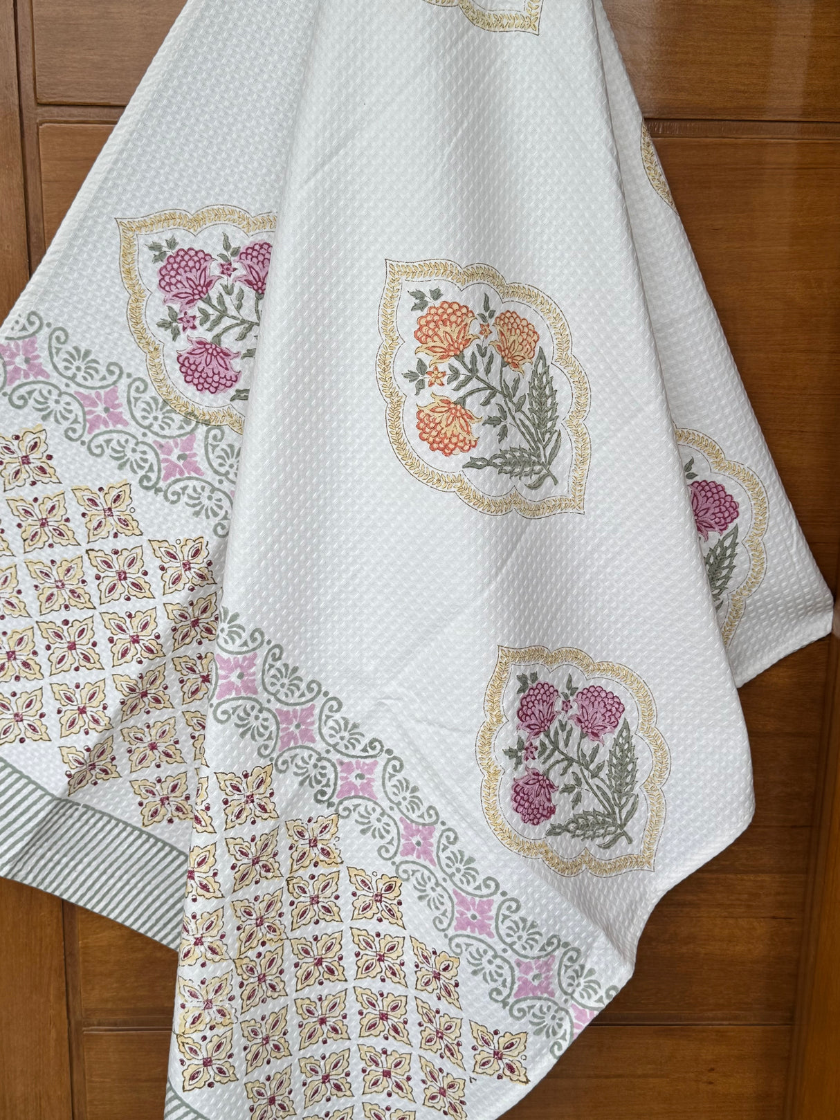 Classy Floral Blockprint Cotton Towel – Waffle Weave