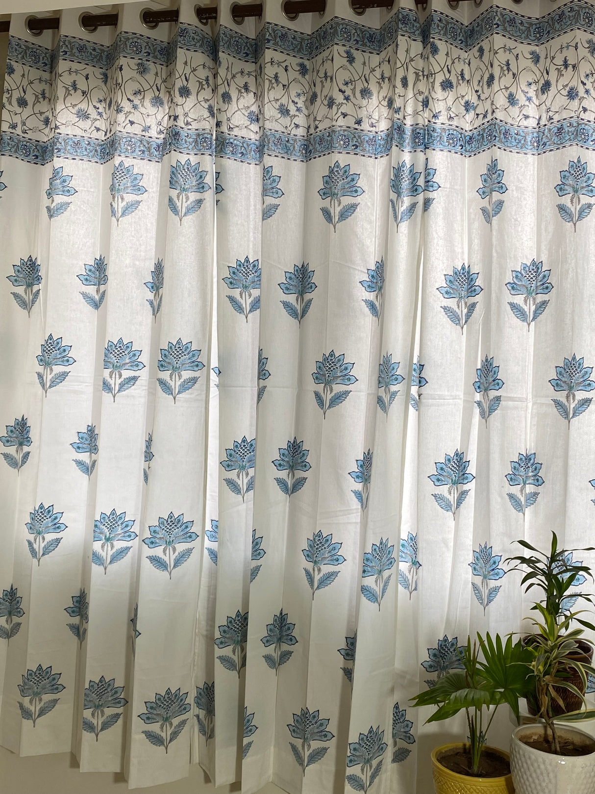 Pair of Blue Floral Blockprint Cotton Curtain (Set of 2)