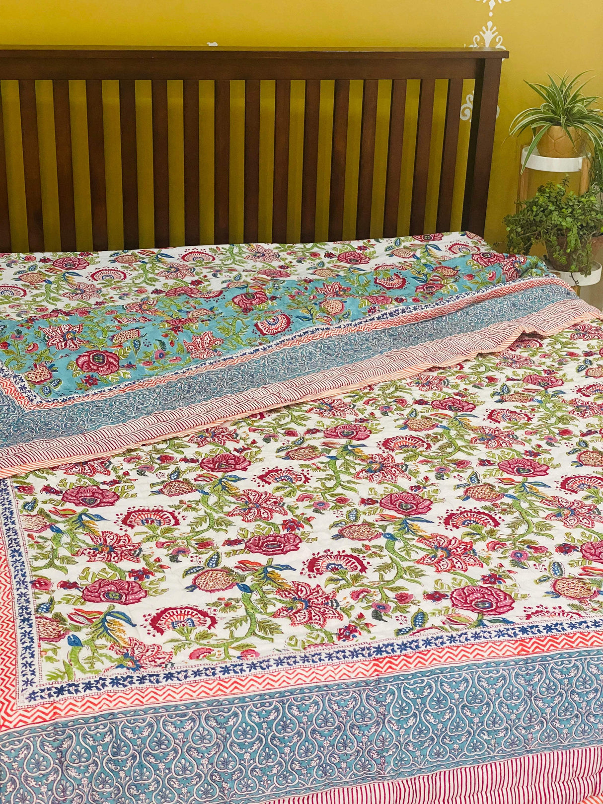 Vibrant Multicolor Floral Cotton Blockprint Bedsheet & Quilt Set