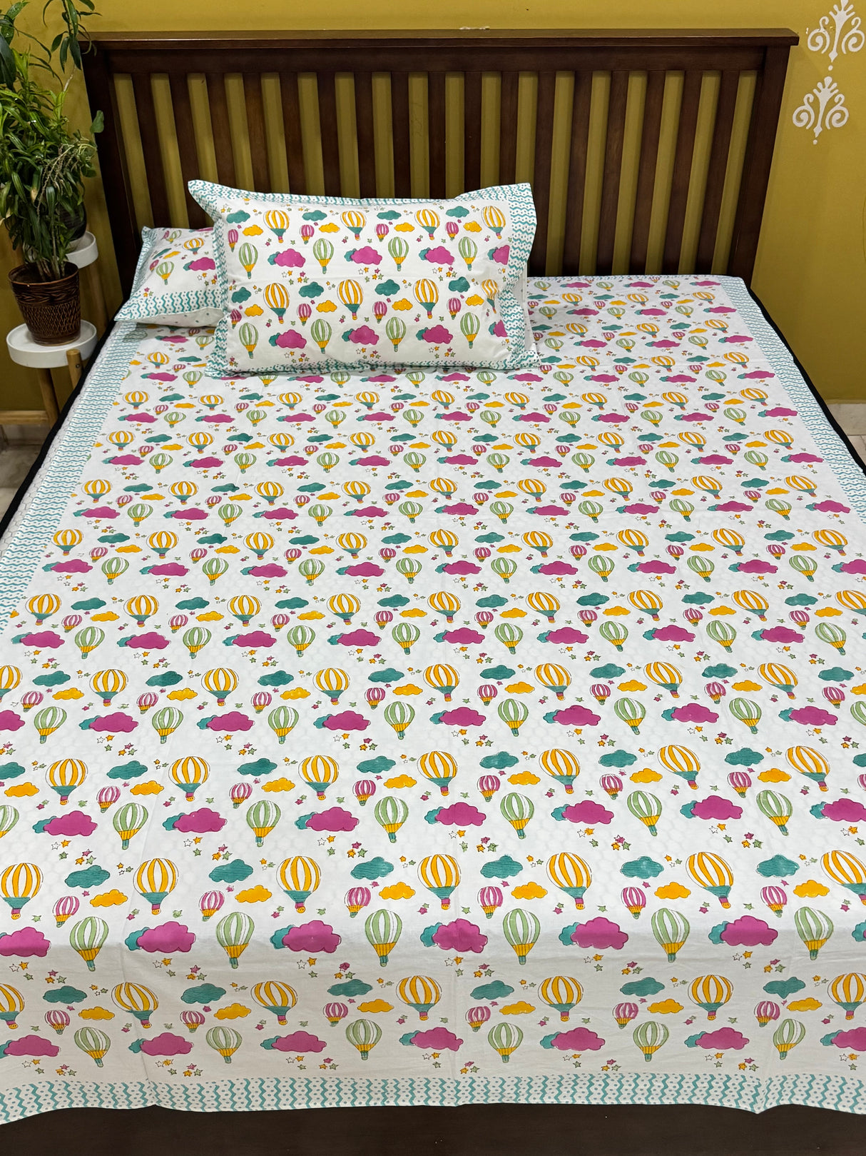 Hot Air Balloon Handblock Printed Kids Cotton Bedsheet
