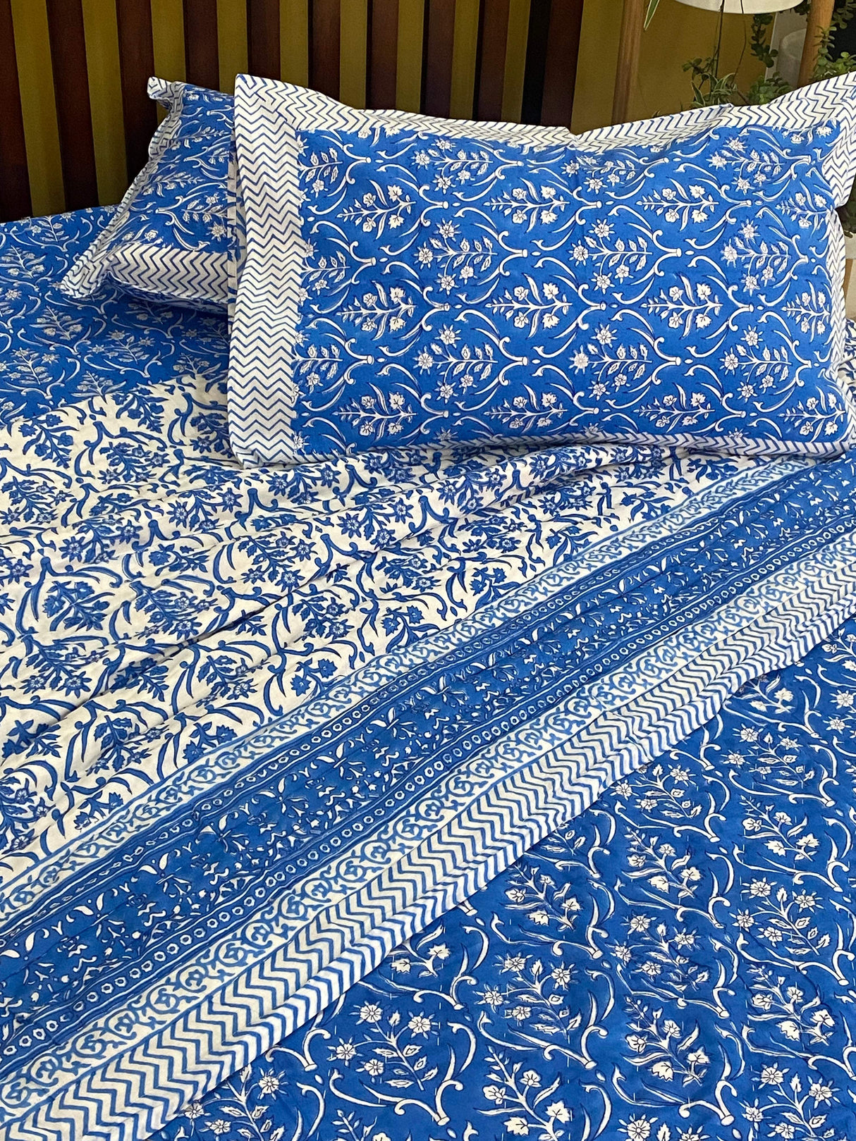 Blue Handblock Printed Bedsheet & Quilt Set
