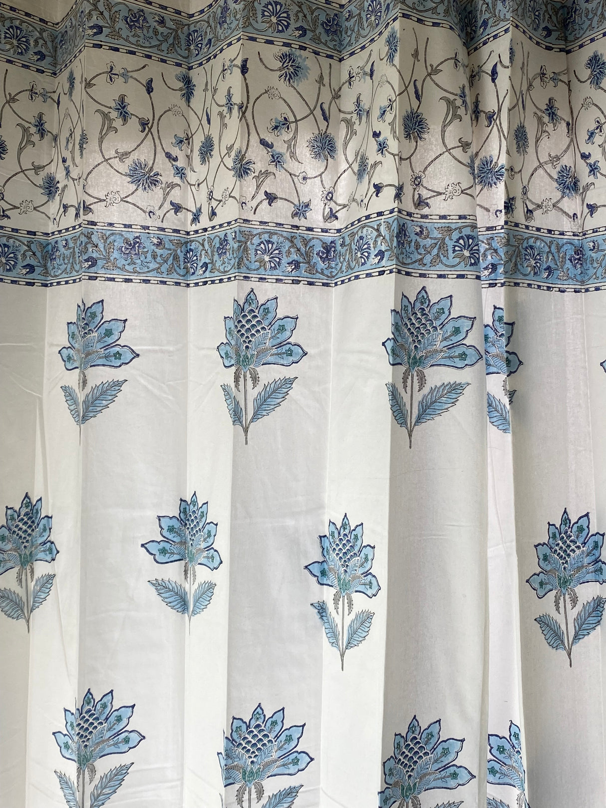 Pair of Blue Floral Blockprint Cotton Curtain (Set of 2)