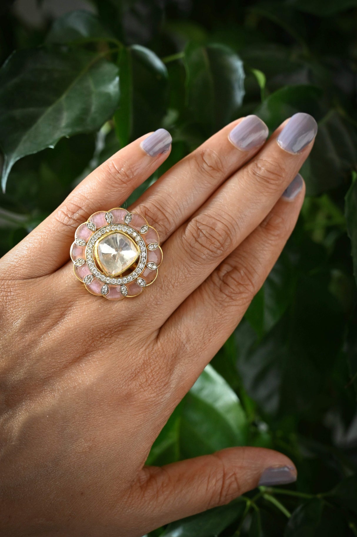 Starlit Majesty Ring - Handcrafted Adjustable 92.5 Silver Ring with Moissanite polki and Imitation Rose Quartz