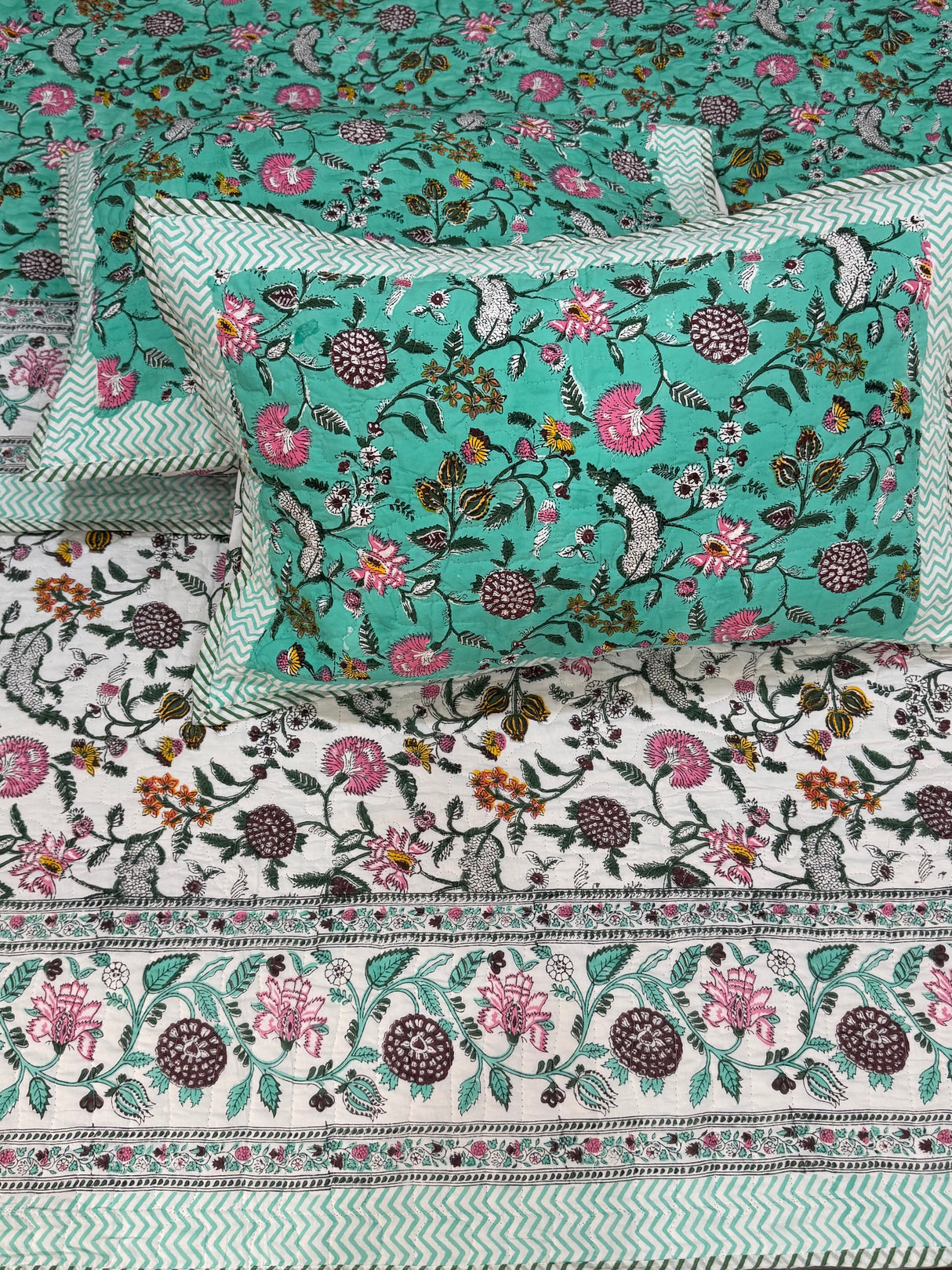 KING Size Quilted Blockprint REVERSIBLE Mulmul Bedcover (108*108 inches)