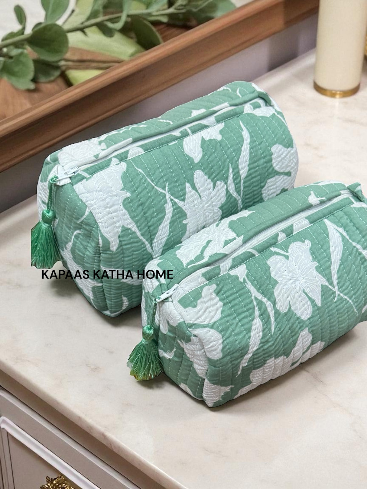 Green White Set of 2 Pouches (medium and small)