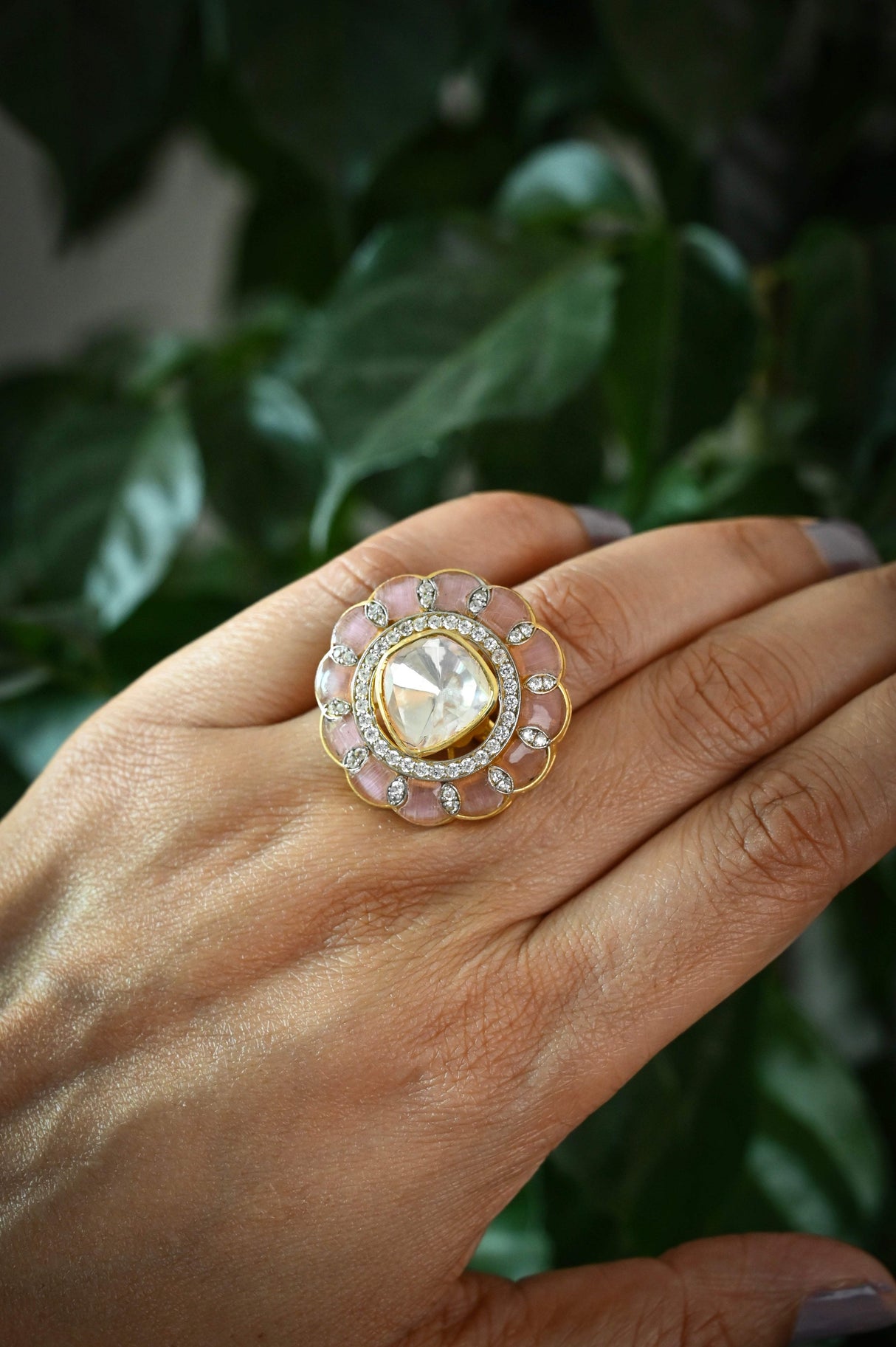 Starlit Majesty Ring - Handcrafted Adjustable 92.5 Silver Ring with Moissanite polki and Imitation Rose Quartz