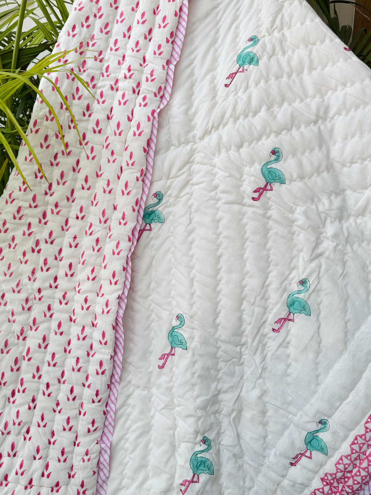 Pink Flamingo Kids Quilt Handblock Printed