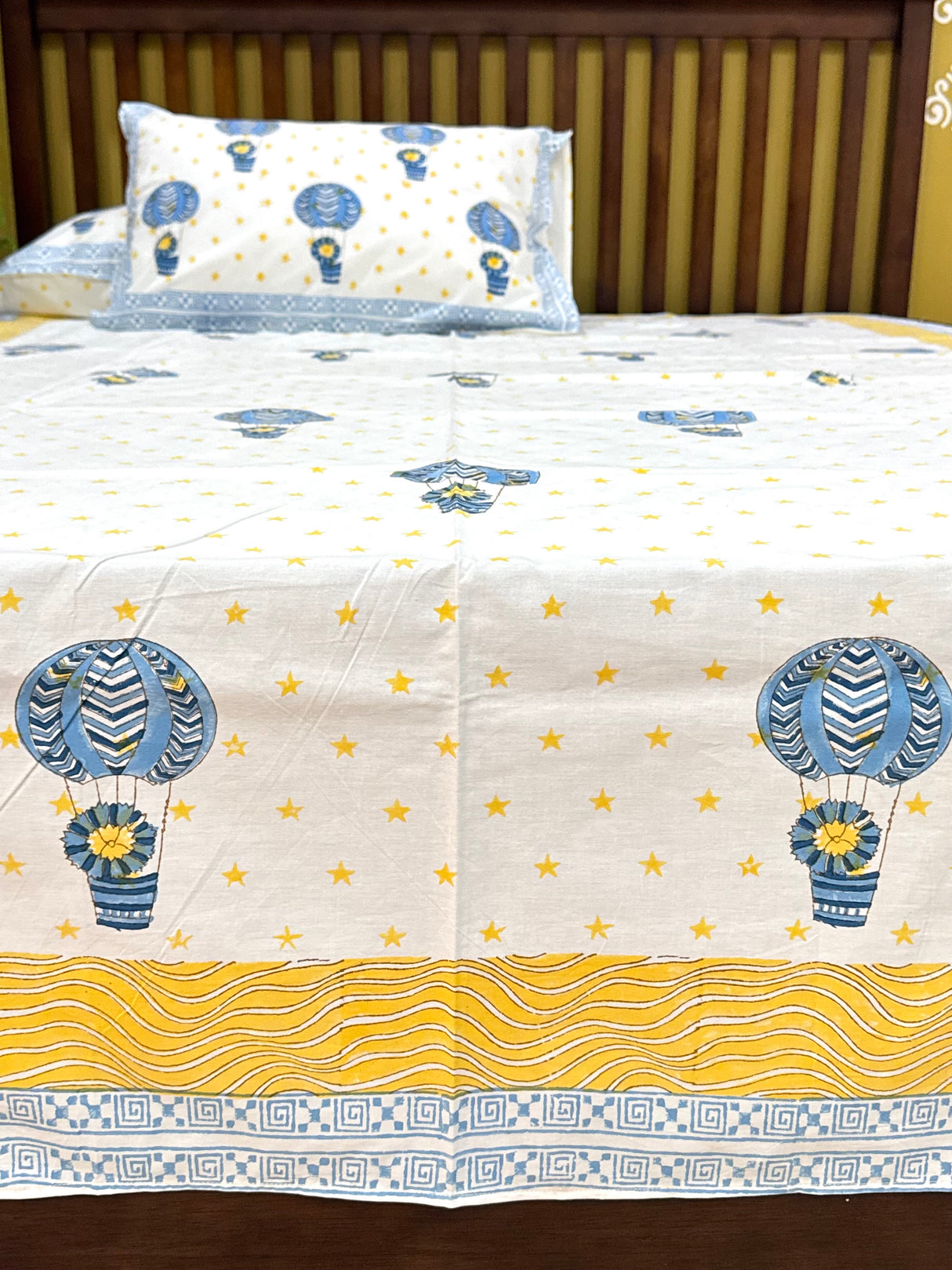 Cute Hot Air Balloon Handblock Printed Kids Cotton Bedsheet