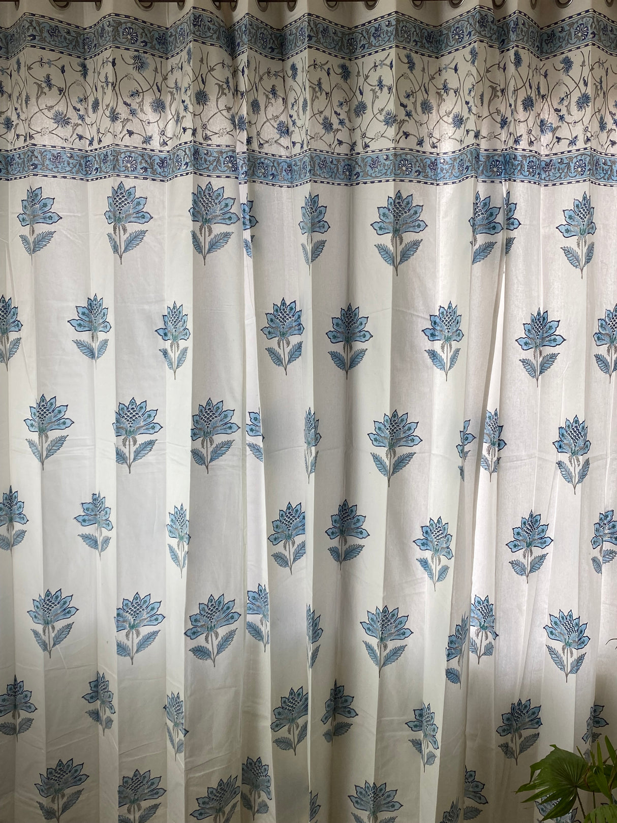 Pair of Blue Floral Blockprint Cotton Curtain (Set of 2)