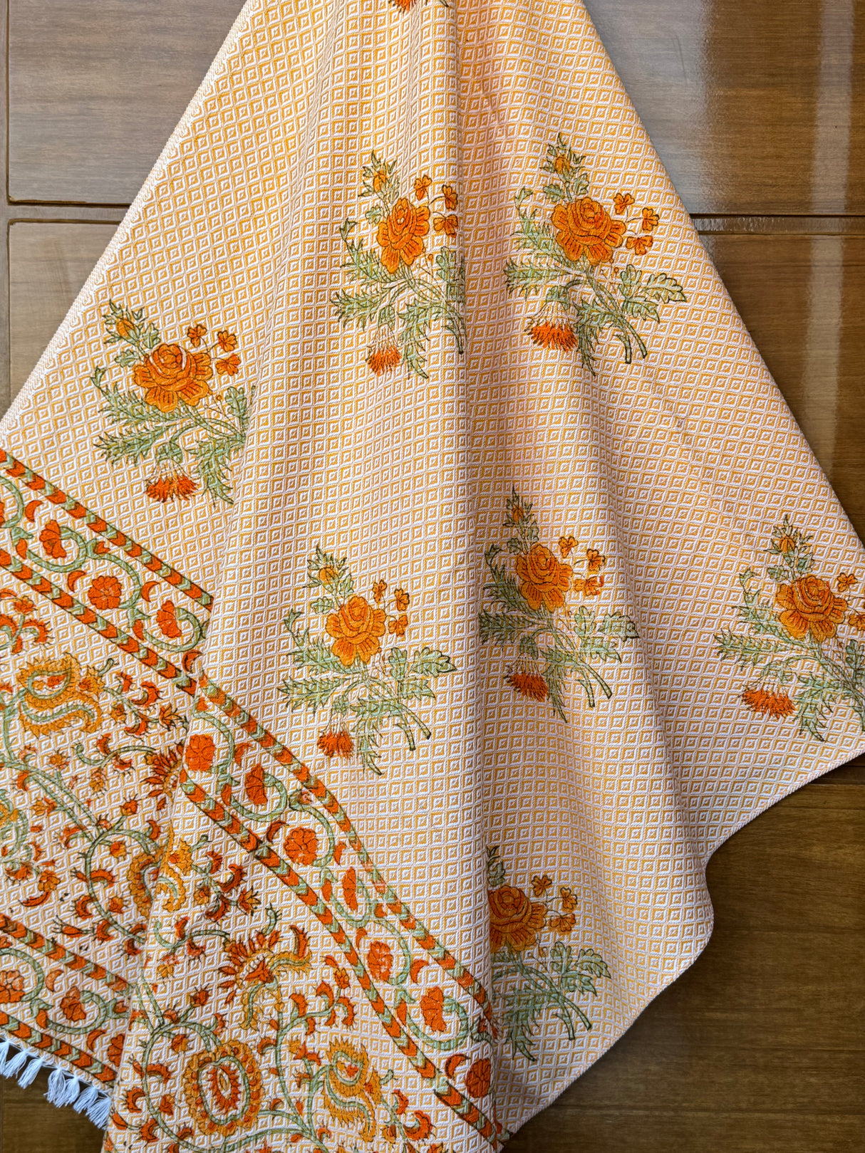 Yellow Floral Blockprint Soft Cotton Towel– Cotton Jacquard Weave